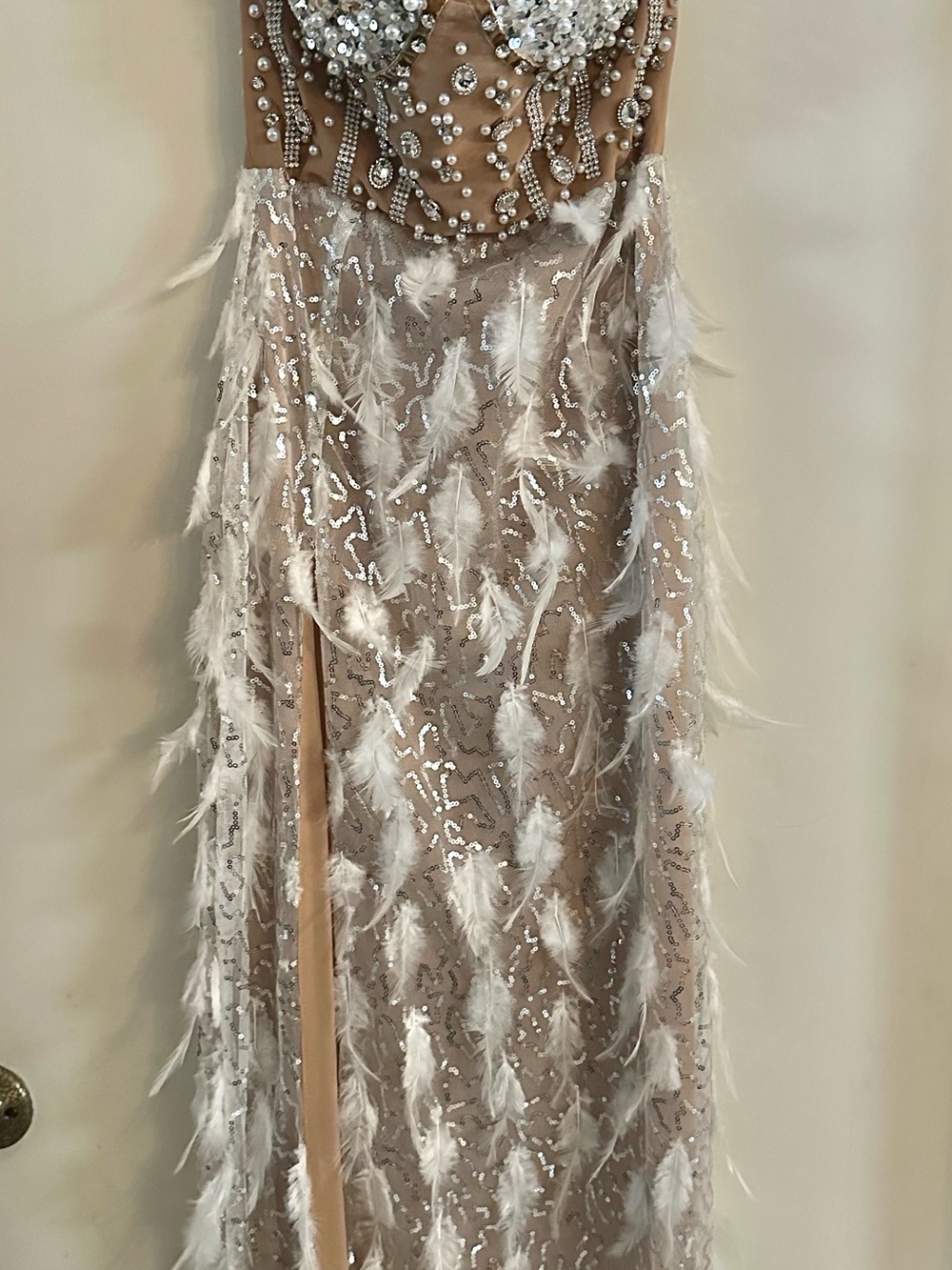 Tadashi Shoji Nude and White Beaded Feather Prom Gown